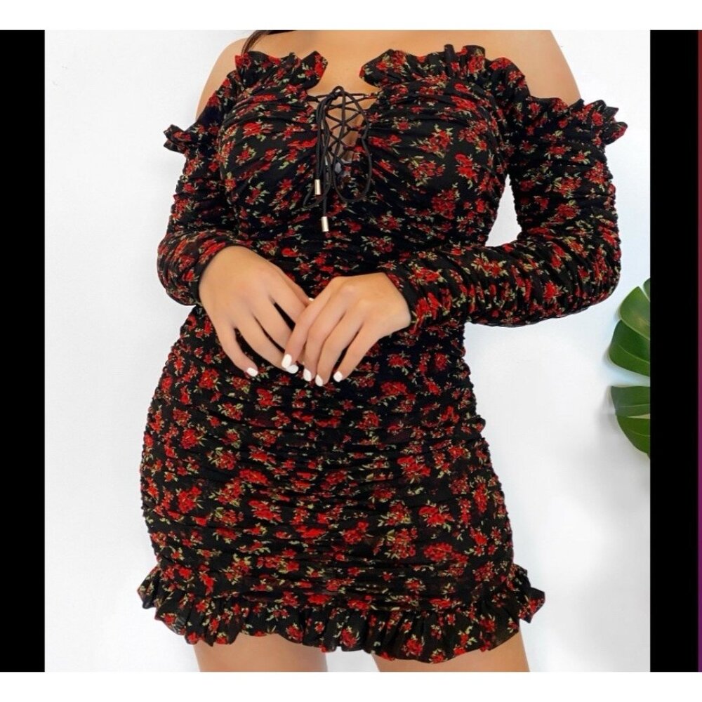Whimsigoth Floral Mini Ruched Dress Black Red Off Shoulder Sz S Dark Fairy Vamp